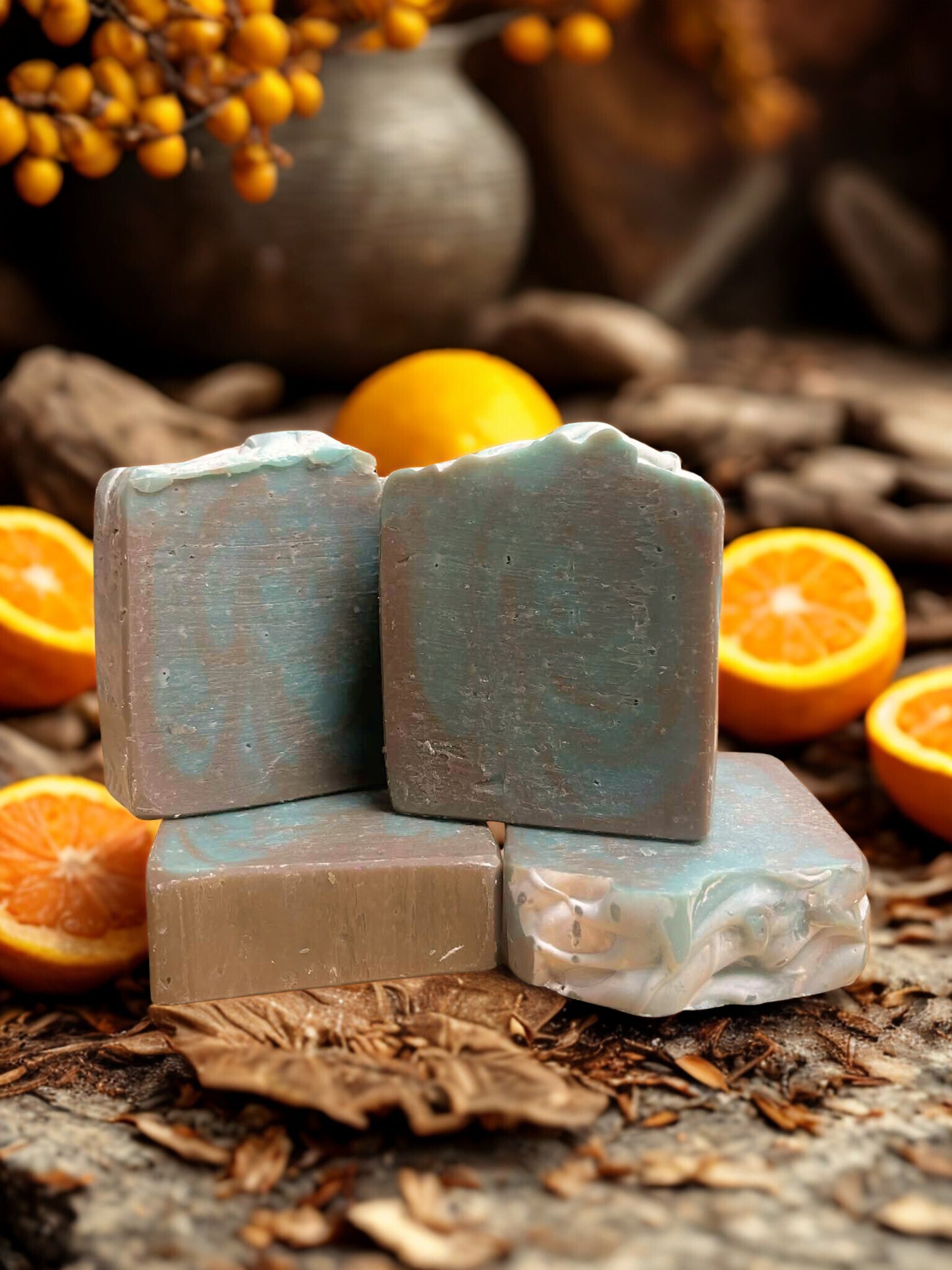 Three bars of soap stacked on a rustic surface with oranges and leaves