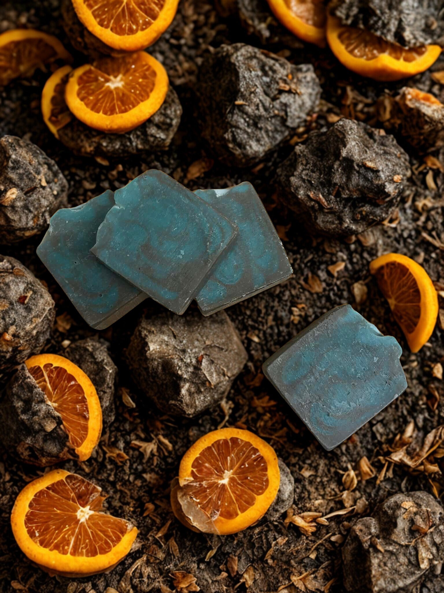 Blue soap bars on dark stone surface with orange slices